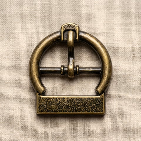 Antique brass engraved stirrup footwear buckle on linen