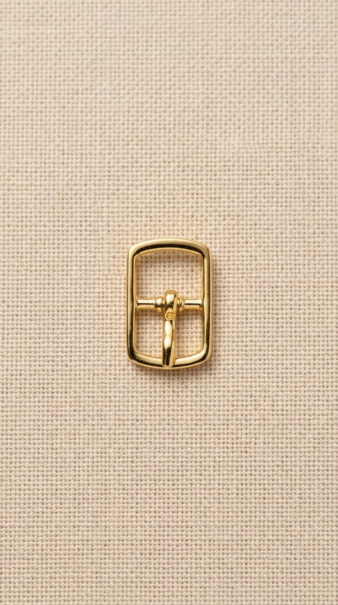 Polished gold miniature rectangular footwear buckle on linen