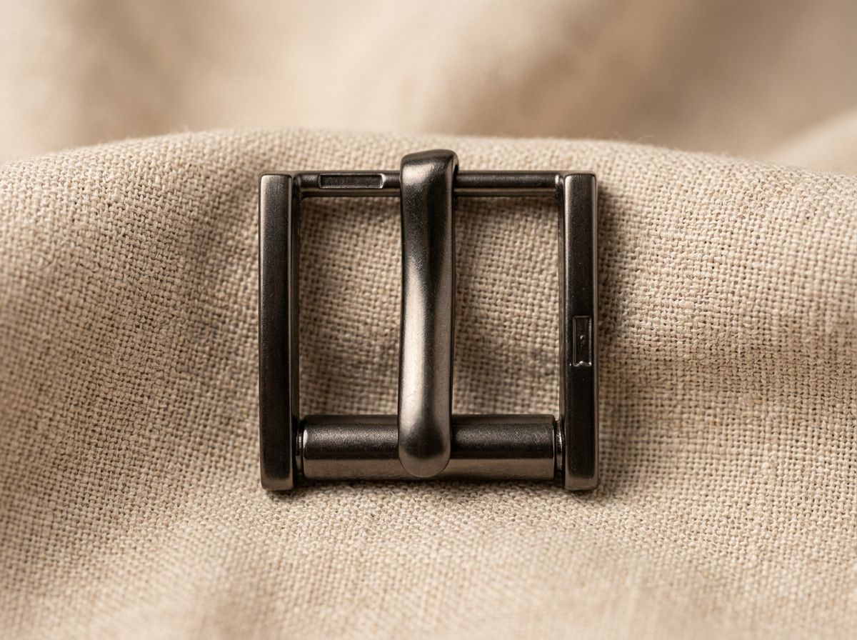 Satin gunmetal roller buckle on linen