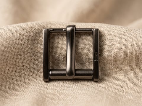 Satin gunmetal roller buckle on linen