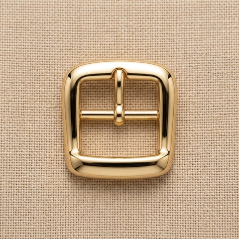 Polished gold cushion-square centre-bar belt buckle on linen