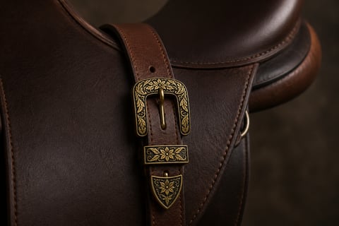Ornate engraved antique-brass saddlery buckle set on a brown leather saddle strap
