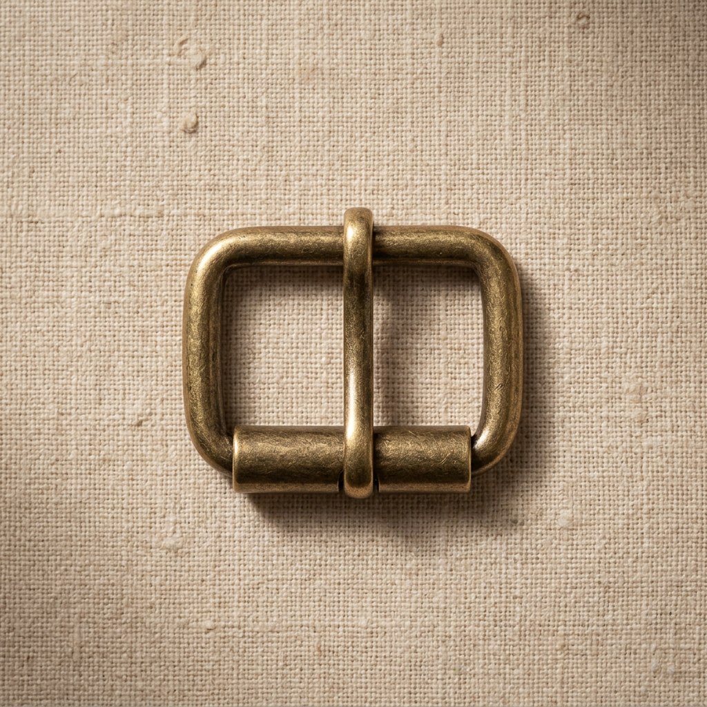 Antique brass rounded roller buckle on linen