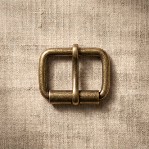 Antique brass rounded roller buckle on linen