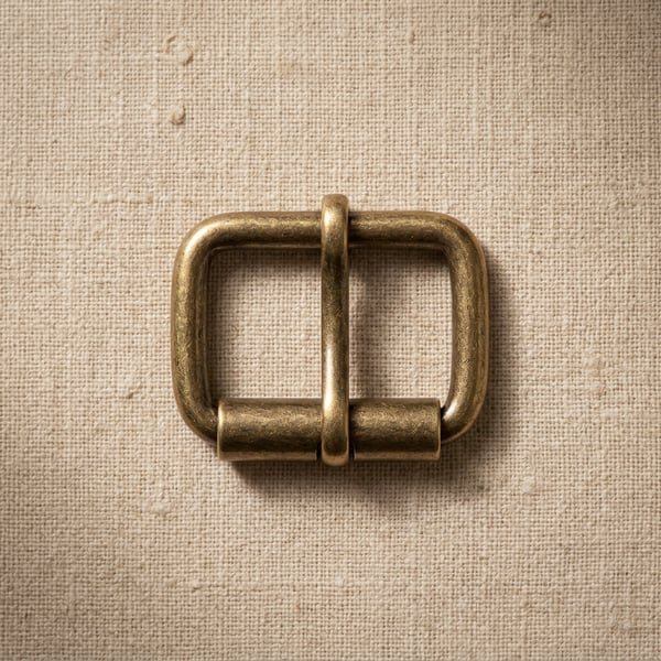 Antique brass rounded roller buckle on linen