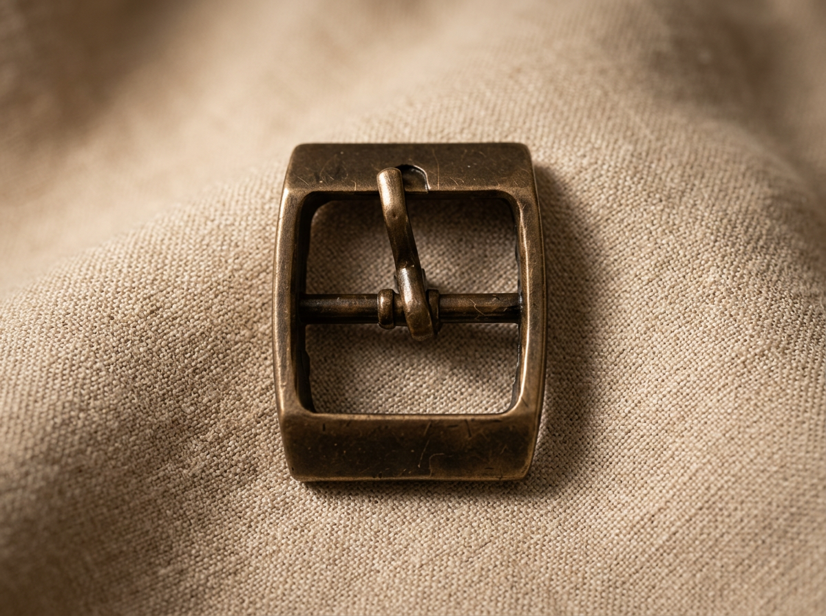 Antique brass square footwear buckle photographed on linen