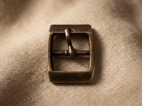 Antique brass footwear buckle on linen