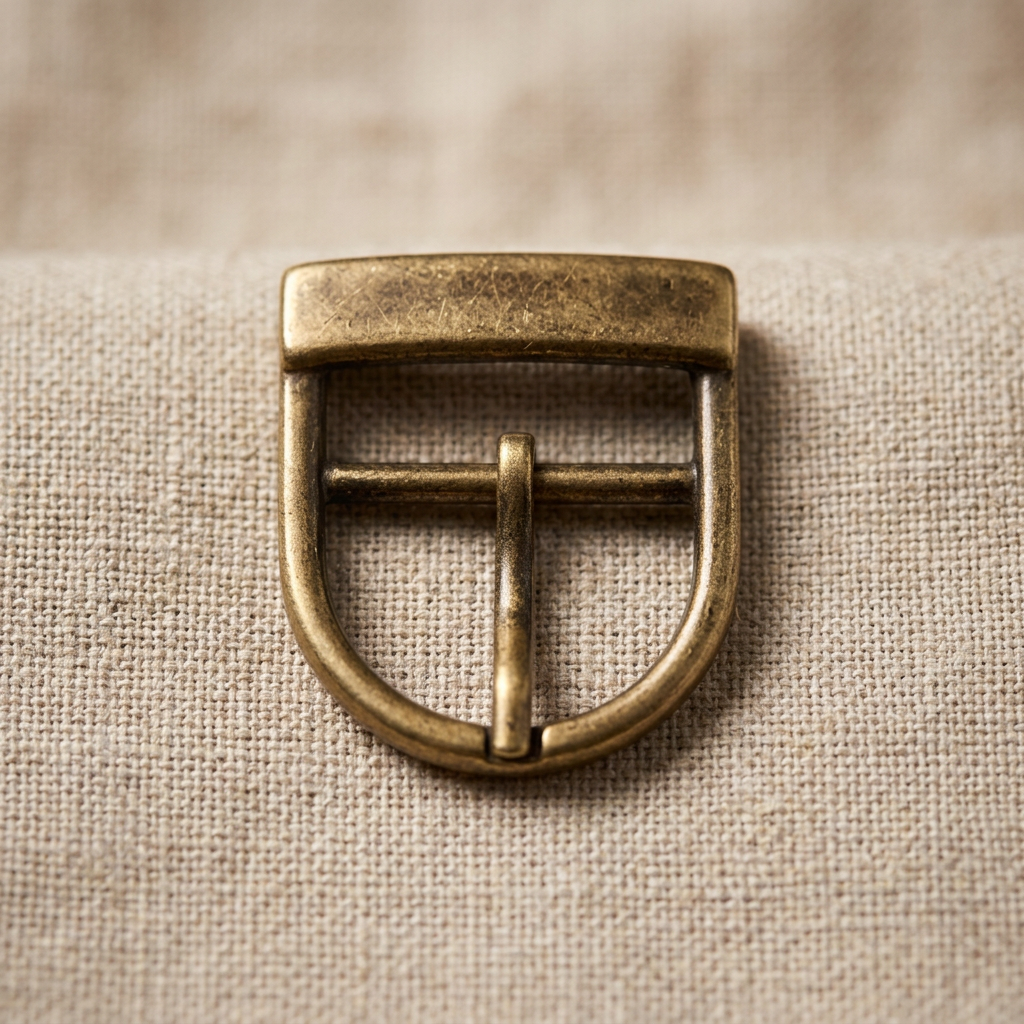 Antique brass shield-shaped centre-bar buckle on linen