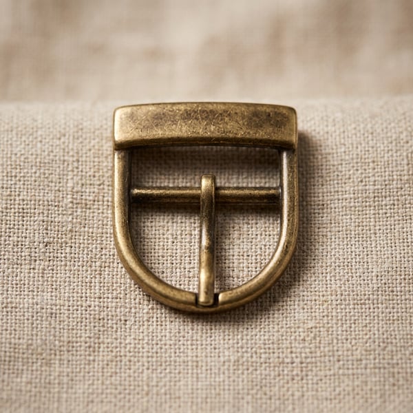 Antique brass shield-shaped centre-bar buckle on linen