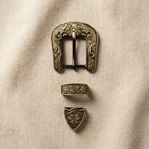 Floral engraved antique brass buckle, keeper and tip set on linen