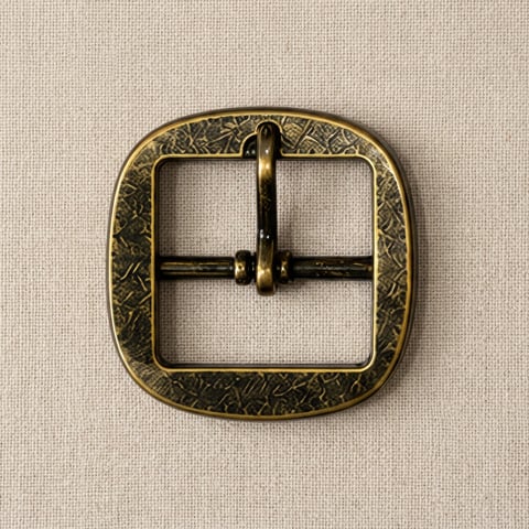 Antique brass rounded square footwear buckle on linen