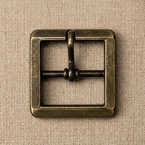 Antique brass engraved side square footwear buckle on linen