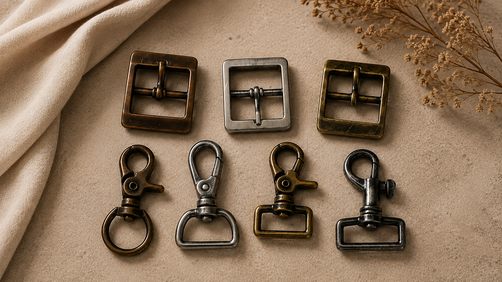 The 1942 Collection — heritage buckles and snap hooks arranged on soft linen
