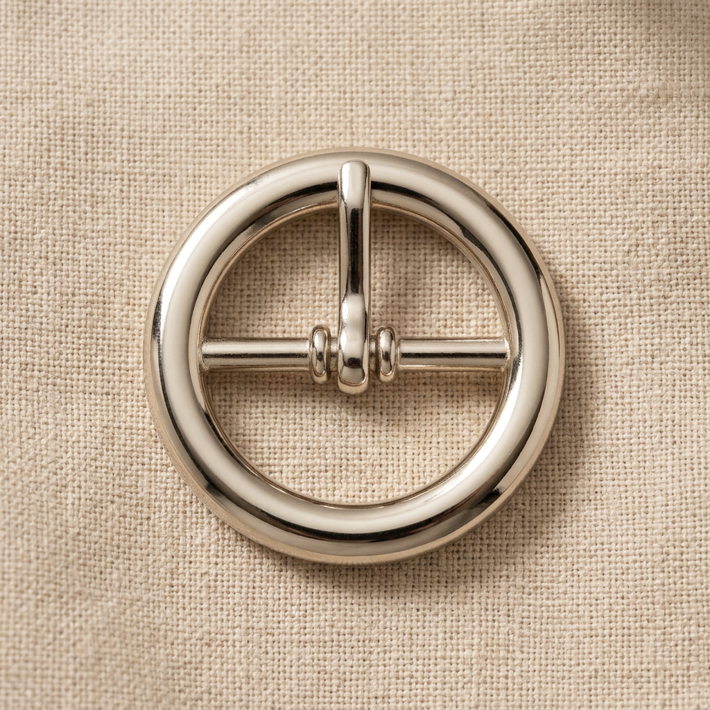 Polished nickel round centre-bar buckle on linen