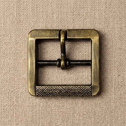 Antique brass woven base square footwear buckle on linen