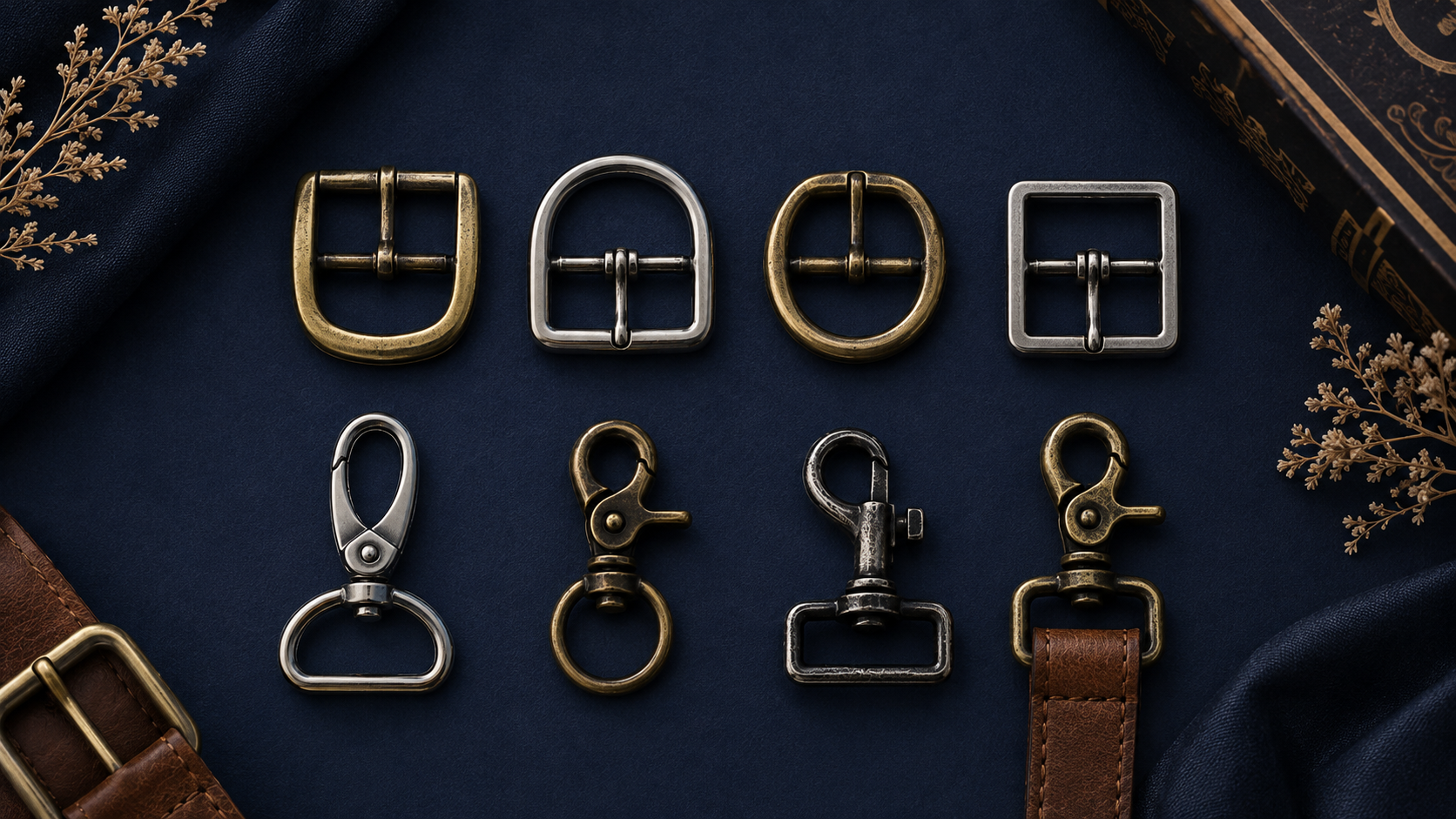 The 1942 Collection — heritage buckles and snap hooks arranged on navy leather