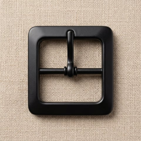 Matte black square roller footwear buckle on linen