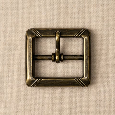 Antique brass corner line square belt buckle on linen