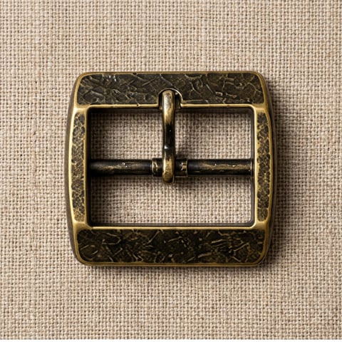 Hammered antique brass square footwear buckle on linen