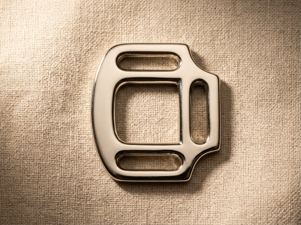 Polished nickel halter square harness buckle on linen