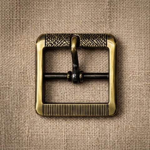 Antique brass mixed rib square footwear buckle on linen