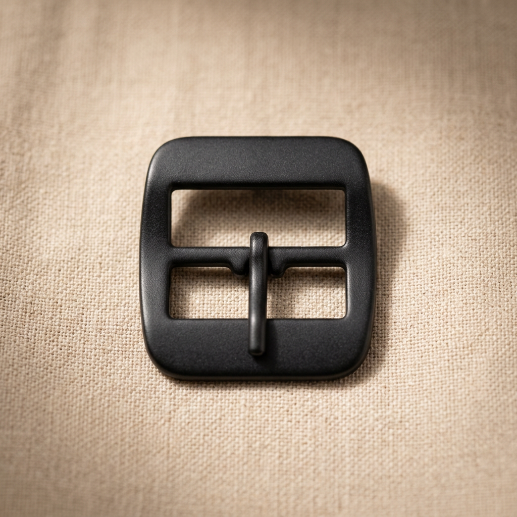 Matte black centre-bar belt buckle on linen