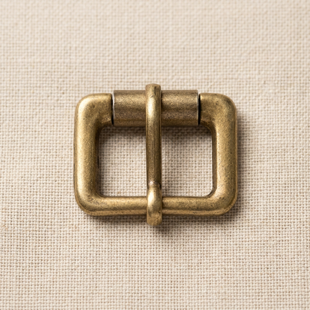Antique brass square roller buckle on linen