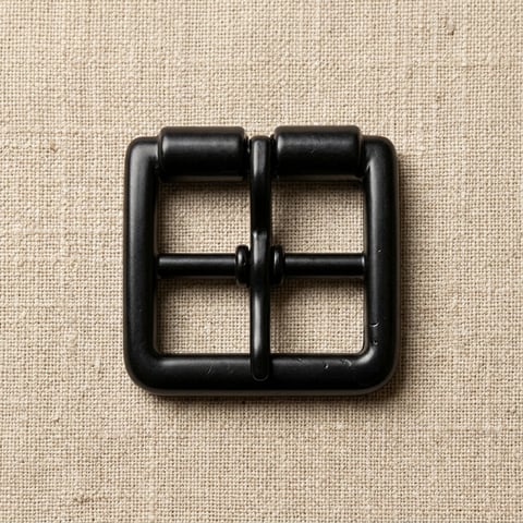 Matte black square roller footwear buckle on linen