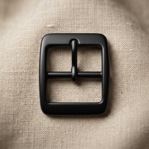 Matte black centre-bar footwear buckle on linen