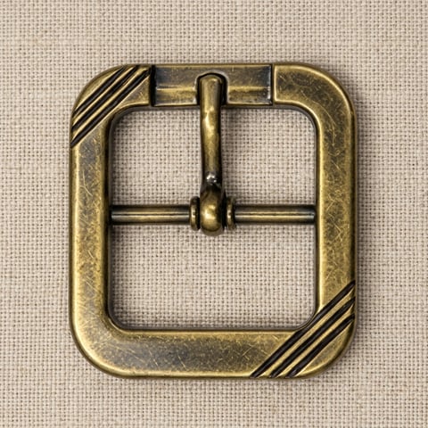 Antique brass diagonal-cut square footwear buckle on linen