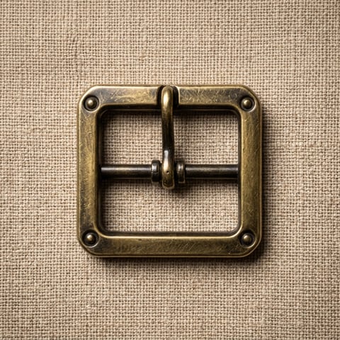 Antique brass riveted square footwear buckle on linen