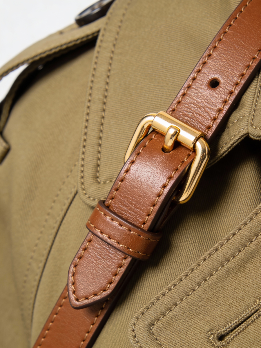 Gold strap buckle on a leather and canvas bag