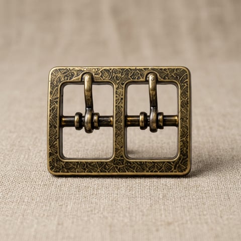 Antique brass double-prong footwear buckle on linen