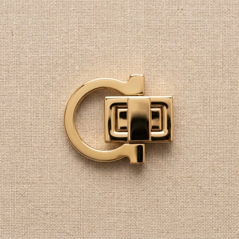 Polished gold ring turn-lock bag clasp on linen