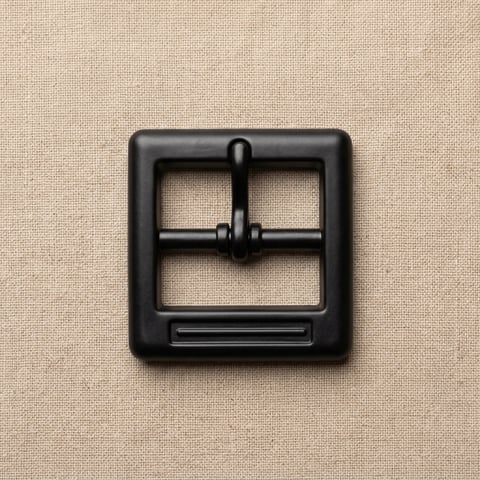 Matte black ribbed bar square belt buckle on linen