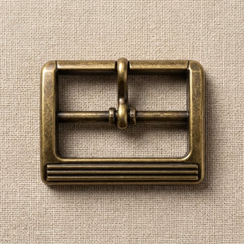 Fluted antique brass rectangular footwear buckle on linen