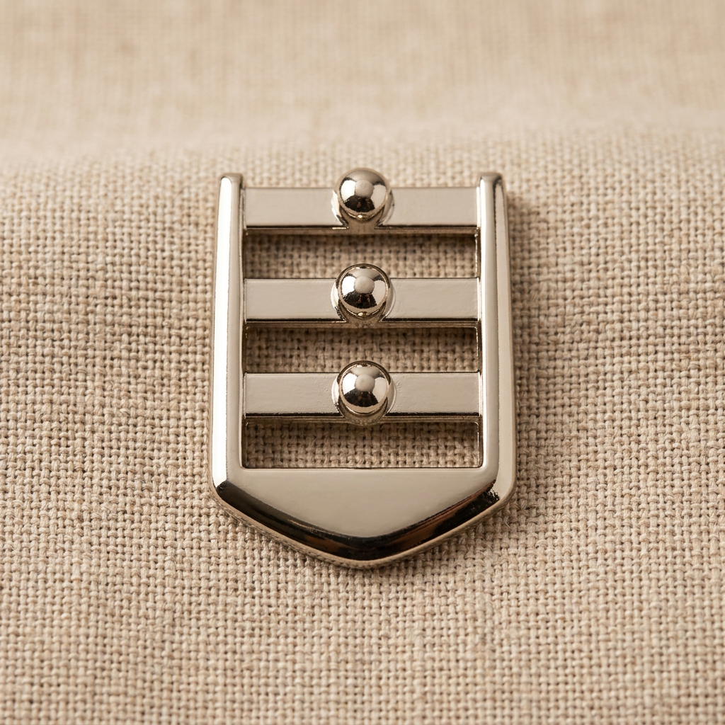 Polished nickel three-bar studded slide buckle on linen