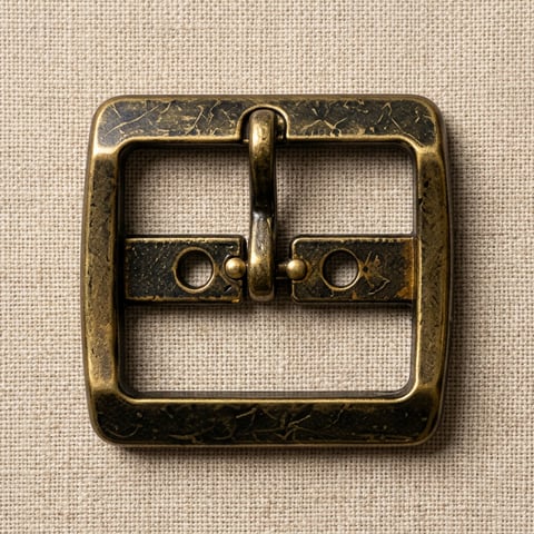 Antique brass riveted prong square footwear buckle on linen