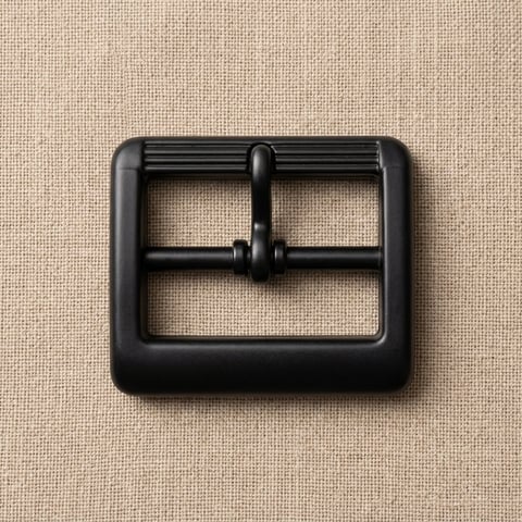 Matte black square roller belt buckle on linen