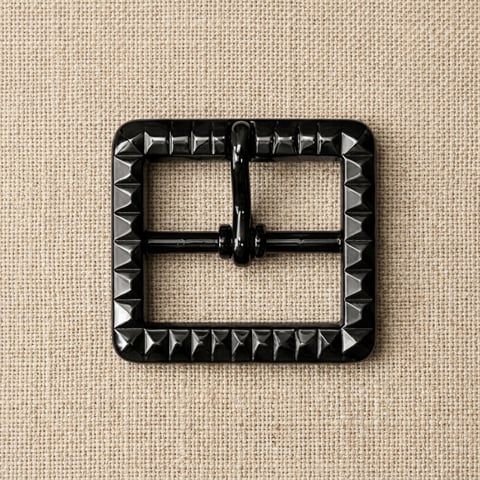 Gloss black pyramid stud square footwear buckle on linen