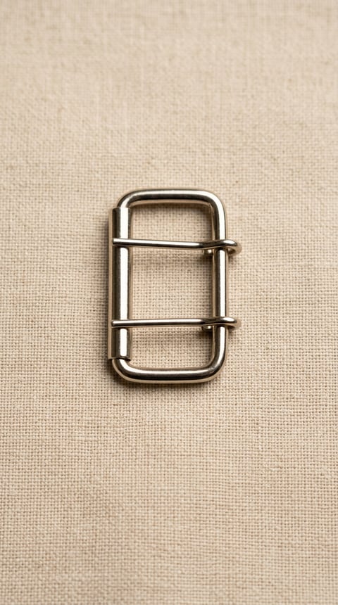 Polished nickel double-prong roller belt buckle on linen