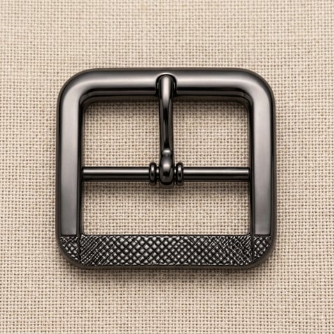 Gunmetal knurled square footwear buckle on linen