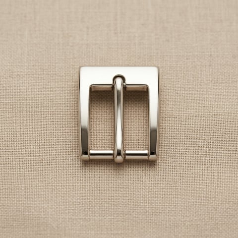 Polished nickel rectangular pin belt buckle on linen