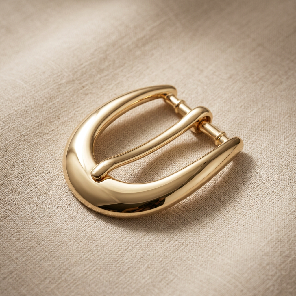 Polished gold half-round pin buckle on linen