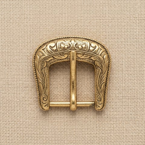 Engraved antique gold arched footwear buckle on linen