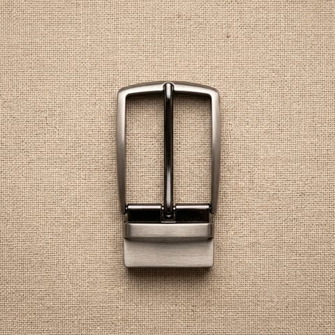 Brushed gunmetal reversible clamp belt buckle on linen