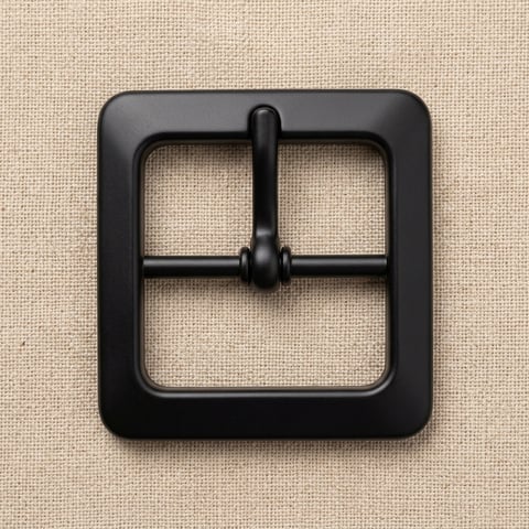 Matte black soft-corner square footwear buckle on linen