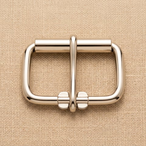 Polished nickel wide roller belt buckle on linen