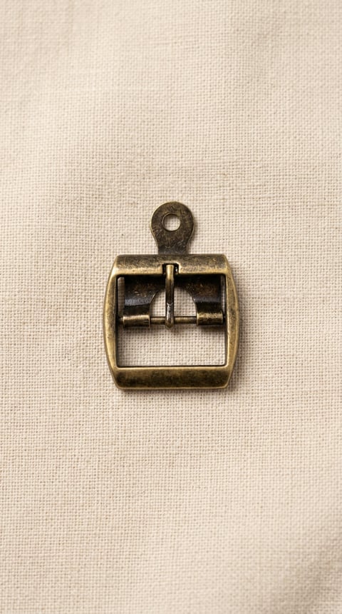 Antique brass tabbed square footwear buckle on linen