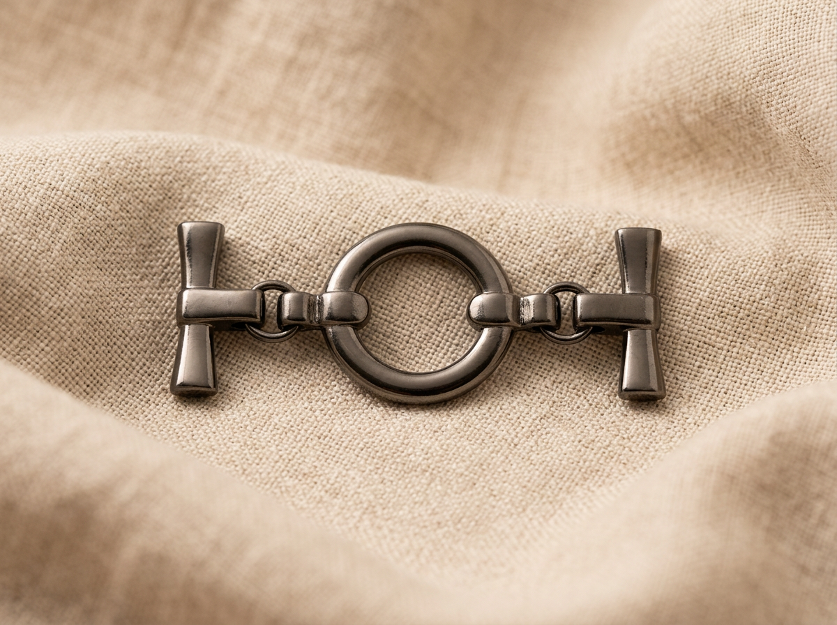 Gunmetal ring and bar toggle clasp on linen